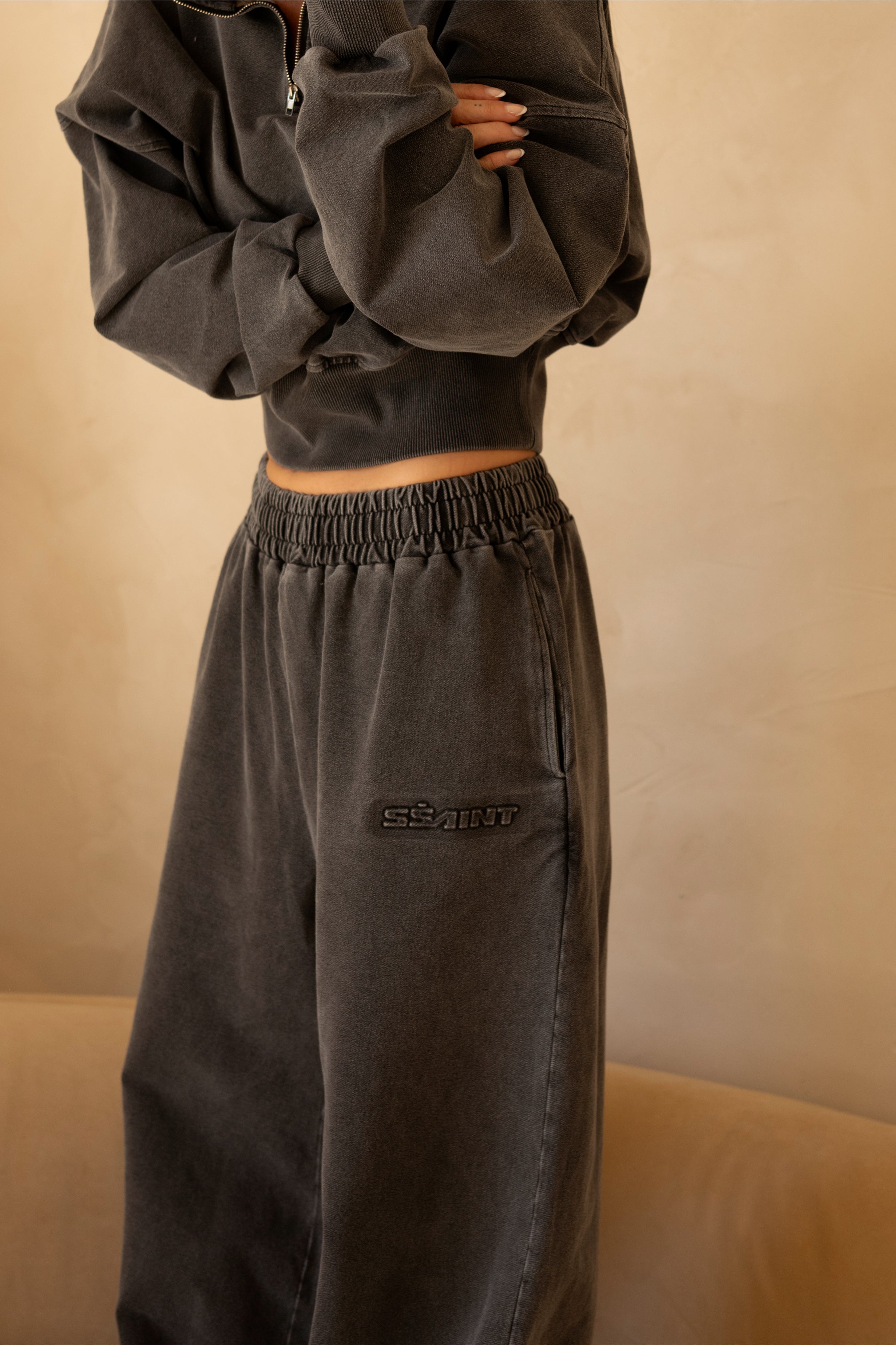 SŚAINT ACID WASH CROP JACKET - CHARCOAL