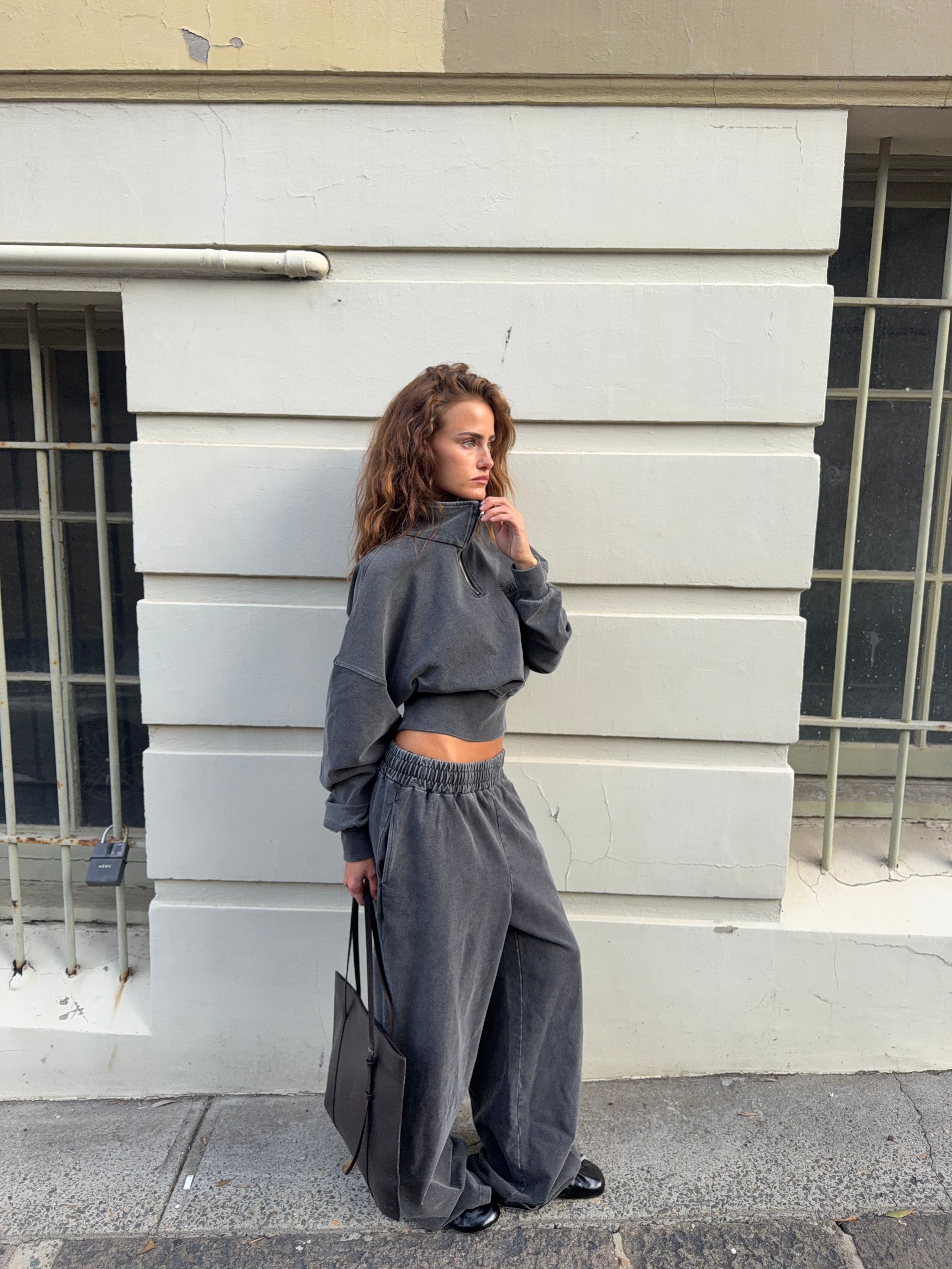 SŚAINT ACID WASH 1/4 ZIP CROP JUMPER - CHARCOAL