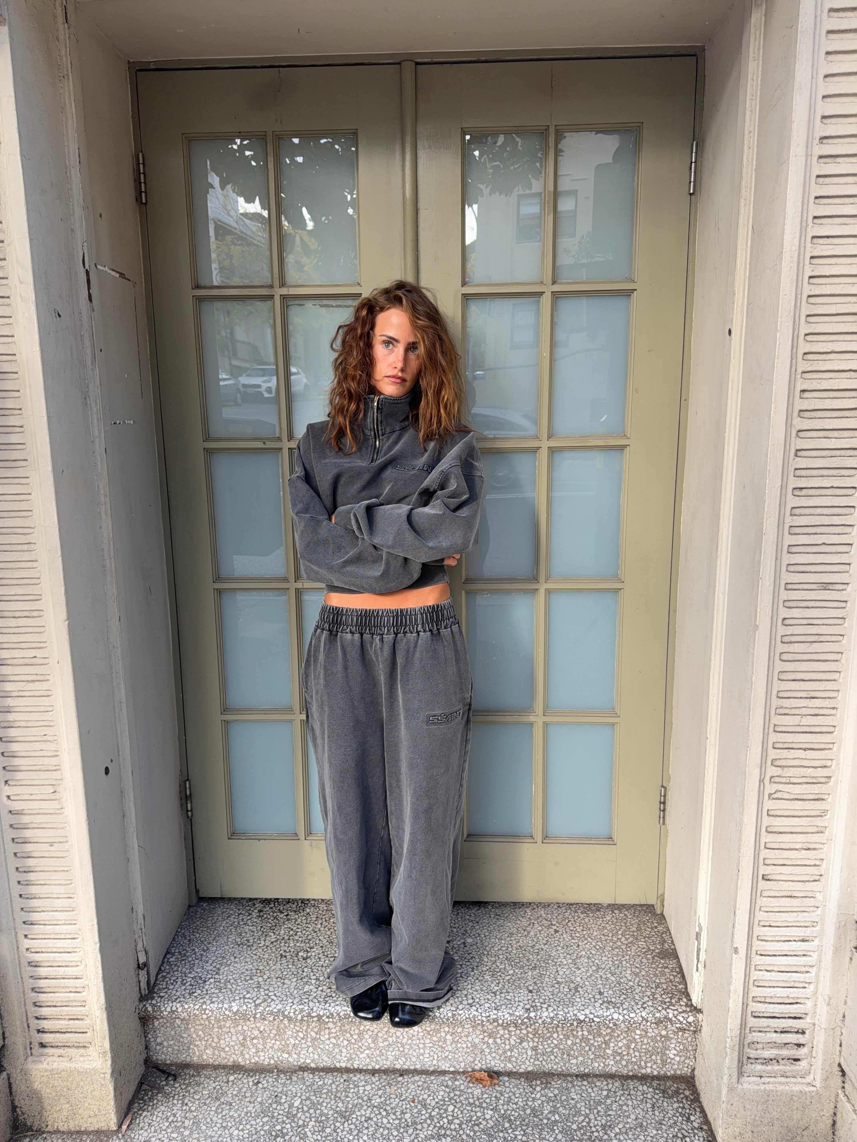 SŚAINT ACID WASH CROP JACKET - CHARCOAL