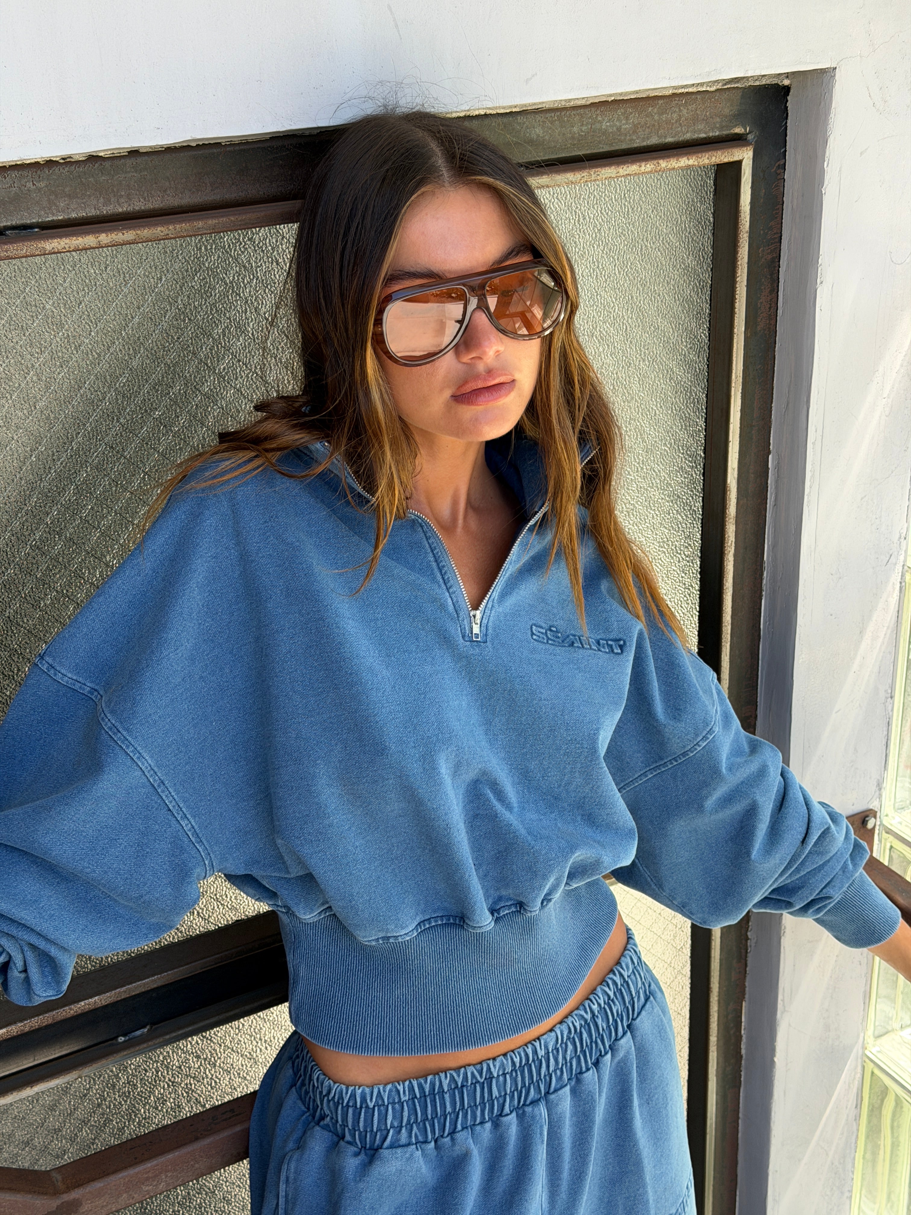 PRE ORDER: 1/4 ZIP CROP JUMPER - DENIM BLUE