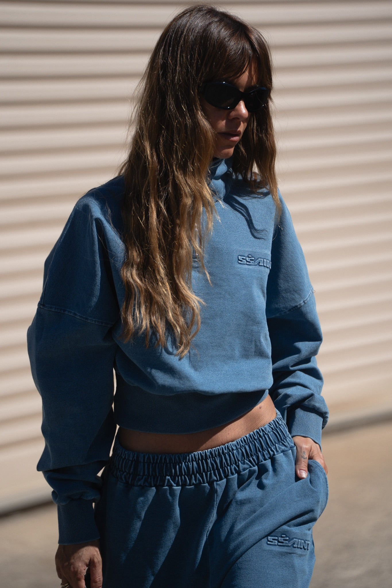 1/4 ZIP CROP JUMPER - DENIM BLUE